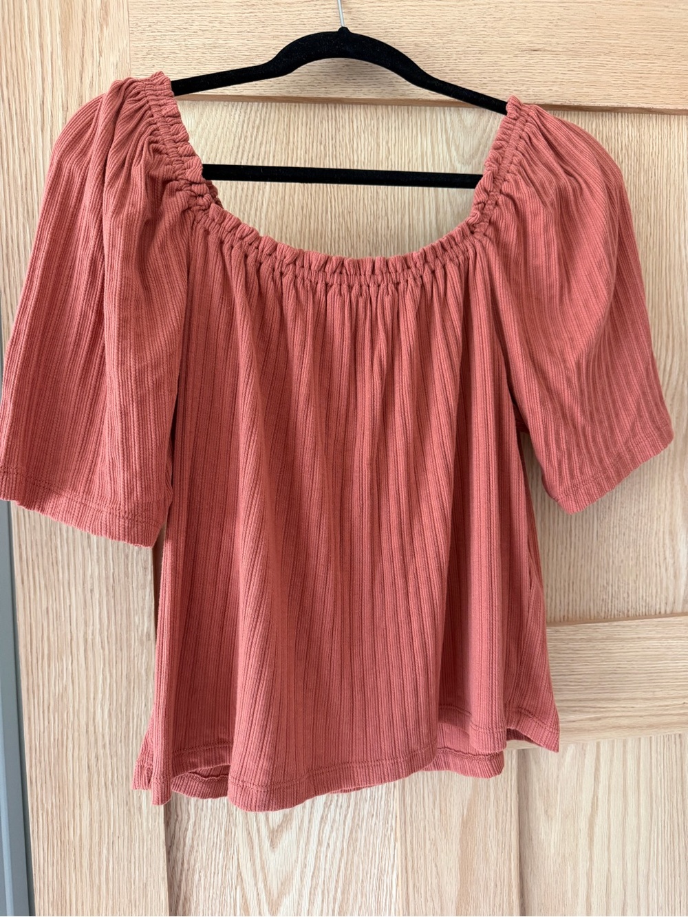 Madewell Knit Pointelle Peasant Top in Terracotta